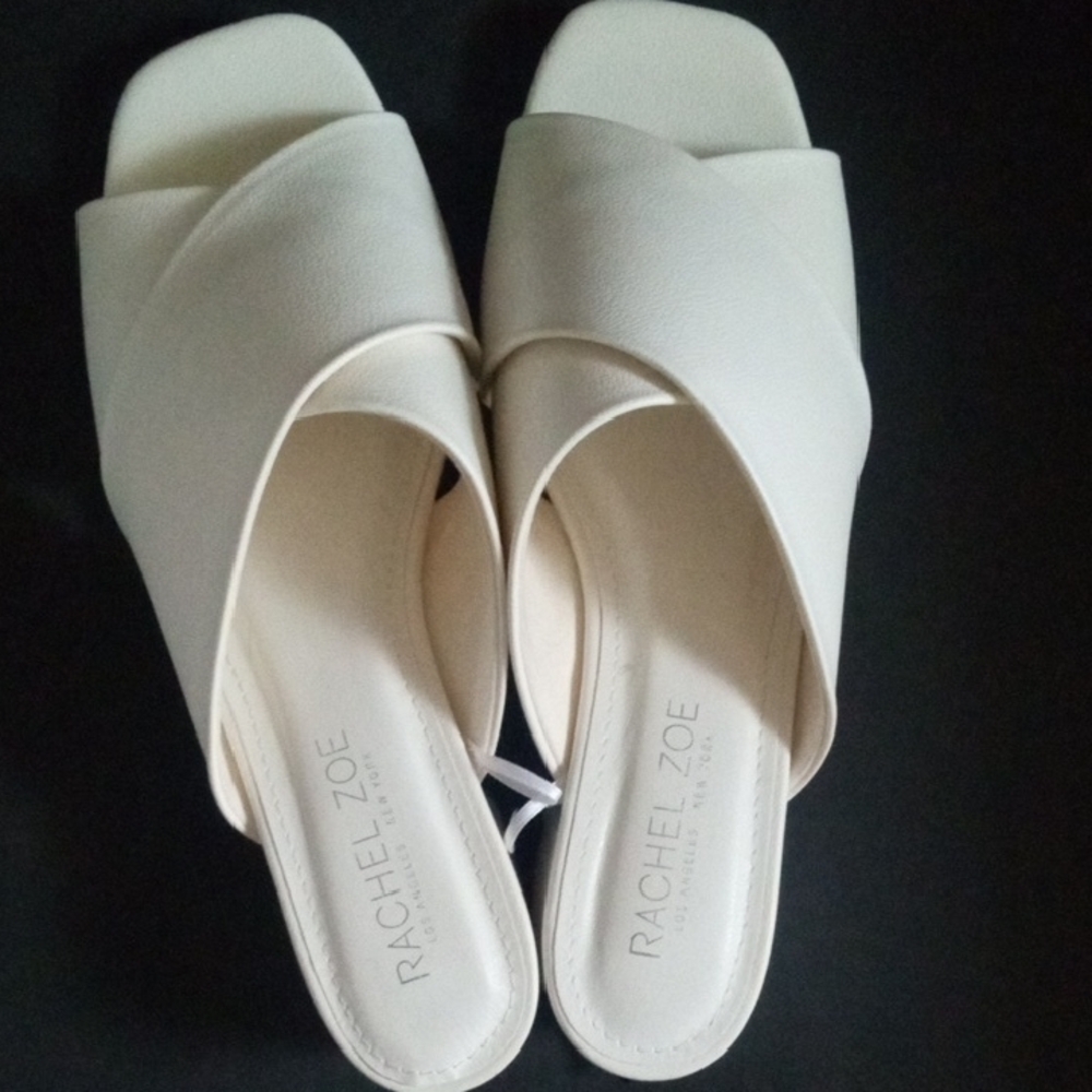 Rachel Zoe Cream White Cross Strap Block Heel Mules 8.5M - Picture 4 of 10